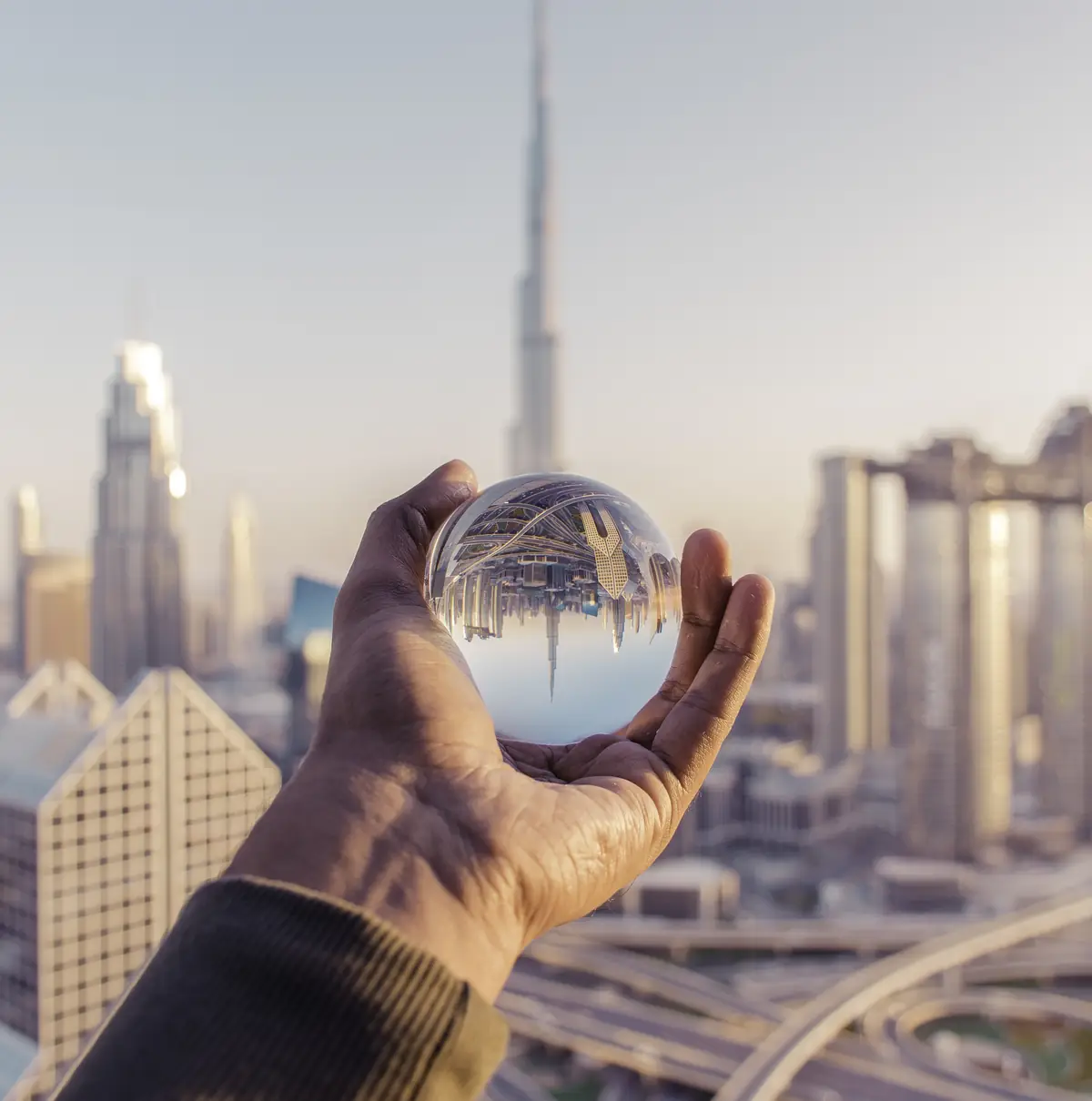 A hand holding a glass ball that reflects the Dubai skyline